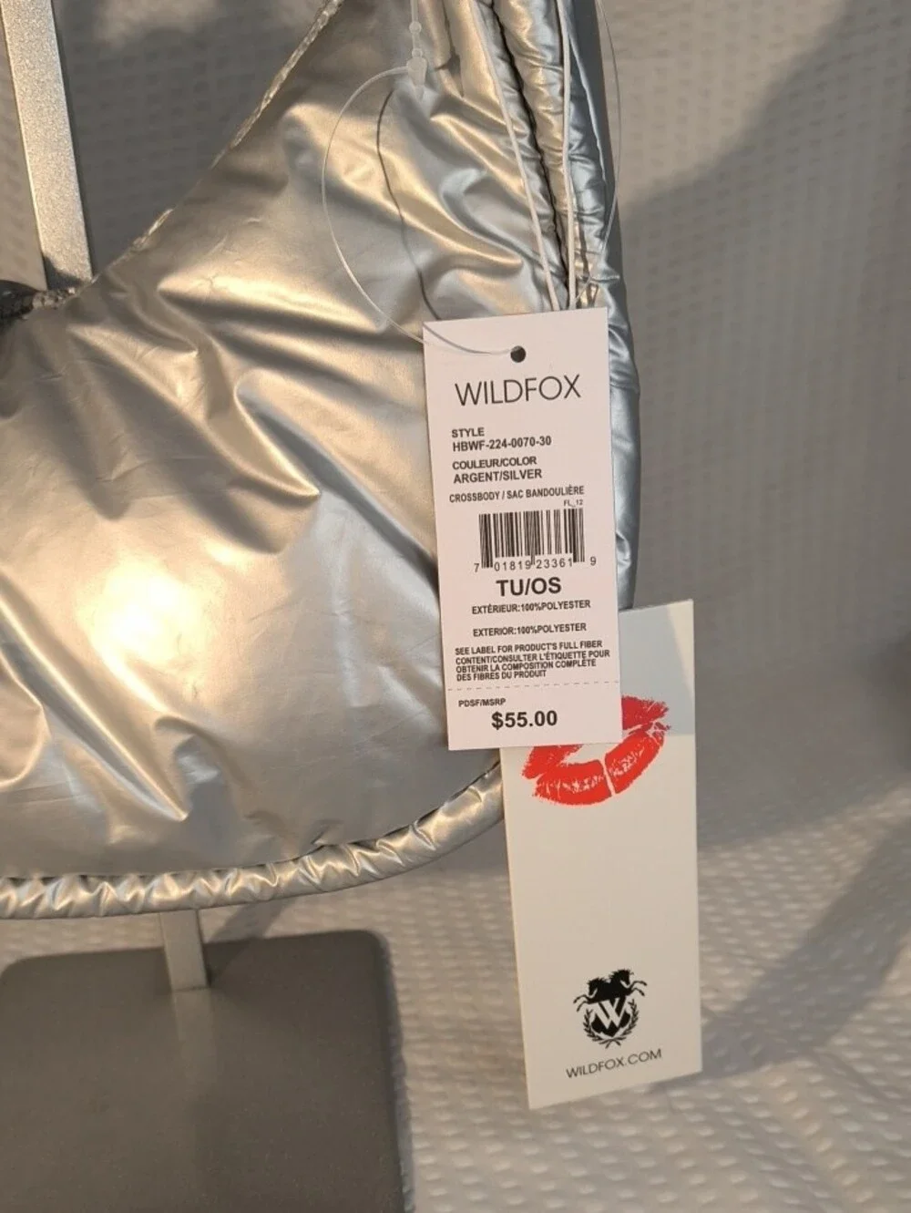 Wildfox HBWF-224-0070-30Silver Puffer Shoulder Bag with Black & White Rope Strap